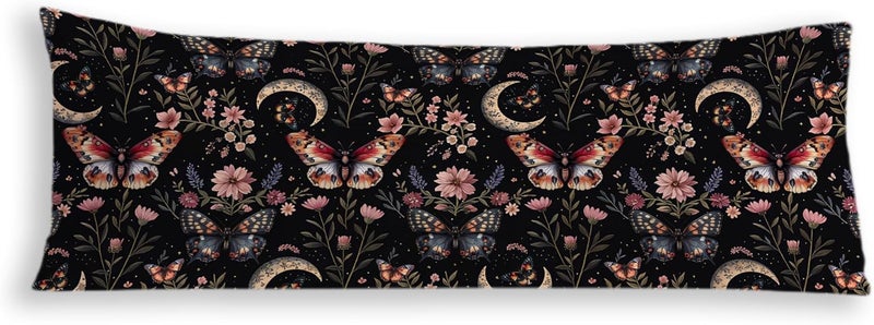 Exqcom Vintage Moody Dark Floral Butterfly Moon Body Pillow Cover 20x54, Dark Academia Cottagecore Gothic Witchy Moth Long Body Pillow Case Cover with Hidden Zipper for Sofa Bed Bedroom Living Room - Image 1